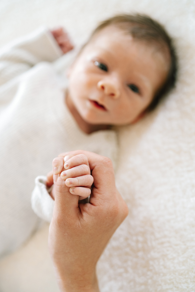 Close-up of baby holding parent’s finger
